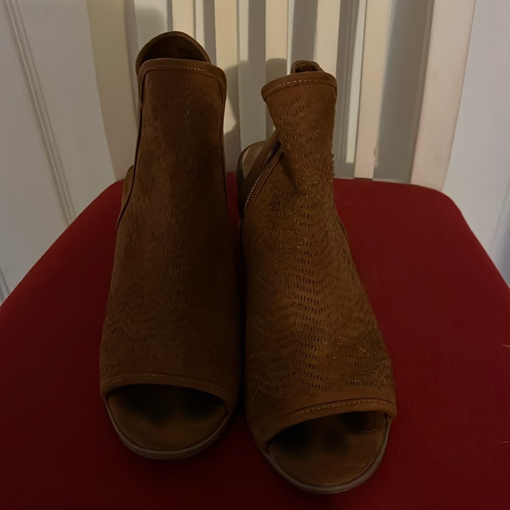 Brown open toe heels